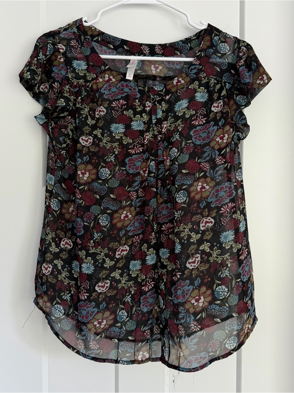 Xhilaration Black Sheer Floral Short Sleeve Blouse